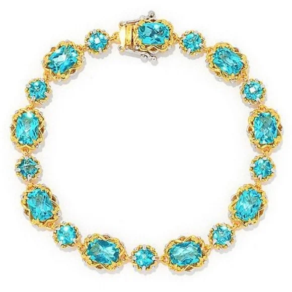 Gems En Vogue | NWT 8" Cushion Cut Paraiba Topaz 18k Gold Sterling Line Bracelet - Picture 2 of 9